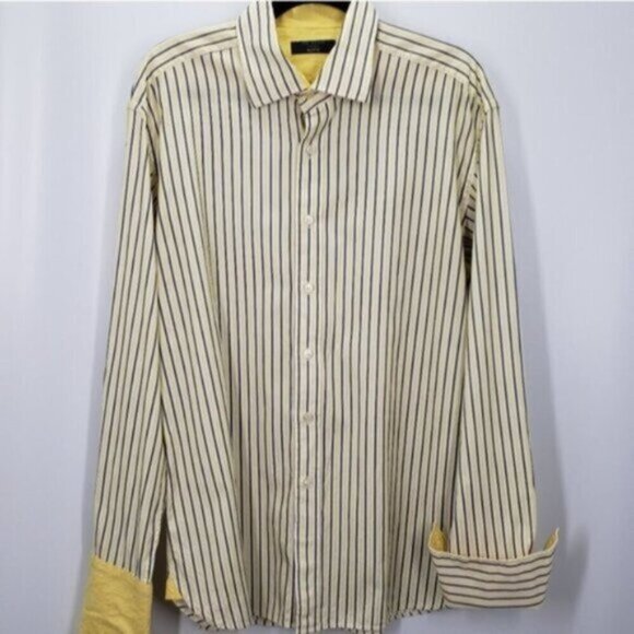 Ted Baker London Men's White Yellow Blue Striped Button Up Shirt Sz 17 Flip Cuff - Picture 4 of 13